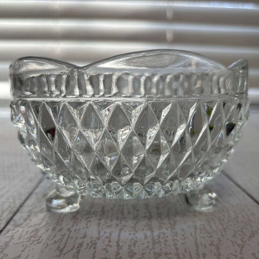 Vintage Indiana Glass Diamond Point Three Footed Scalloped Edge Bowl